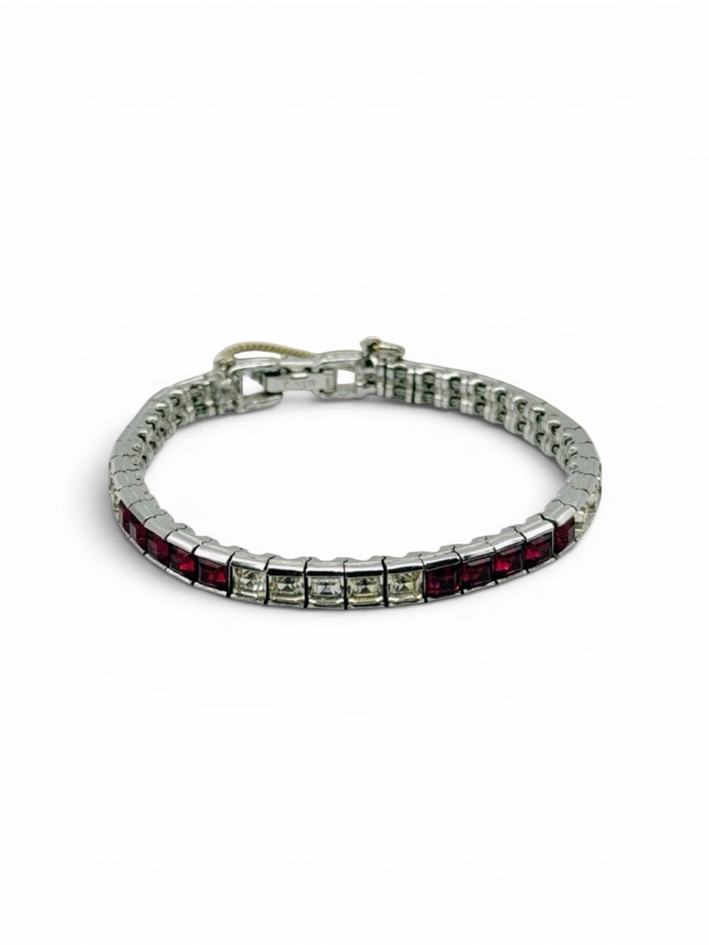 Vintage CINER Ruby Red & Clear Rhinestone Silver Tone Tennis Bracelet – 7”